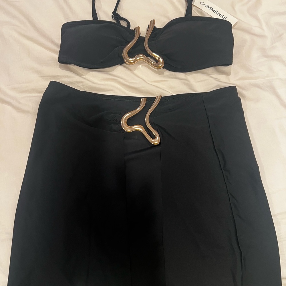 Commense Black Bikini top  with Gold Accents & skirt cover up XS